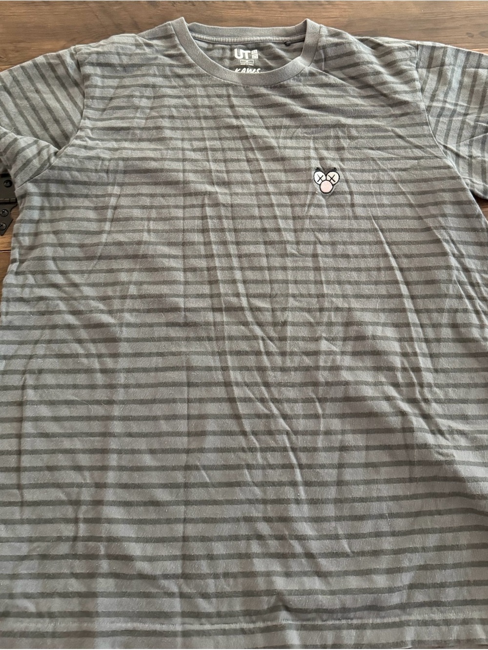 KAWS Gray Striped Short Sleeve Tee with Small Chest Logo